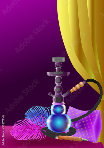 Hookah, decorative color image on a dark violet background, a golden curtain, blue and pink feathers and a lilac pillow. Hookah banner. Chimney and rest. Lounge bar and hookah menu illustration.
