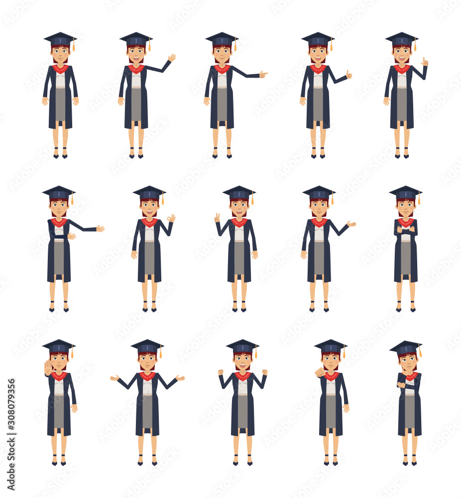 Set of female graduate student characters showing different hand gestures. Cheerful graduate student showing thumb up, pointing, greeting, stop sign and other hand gestures. Flat vector illustration