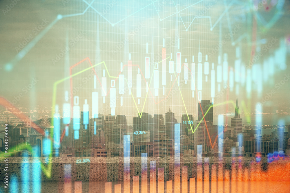 Forex graph on city view with skyscrapers background multi exposure. Financial analysis concept.