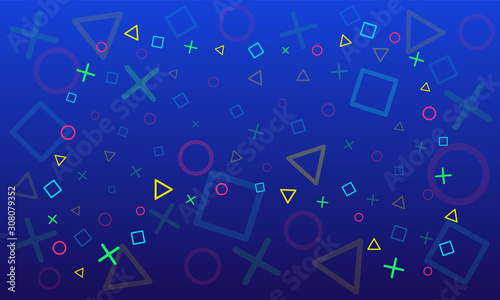Vector abstract background. Gradient of shades of blue. On the artboard there are circles, squares, trogolniki, crosses. Laid out as a gamepad, the colors of the elements are blue, yellow, green, red.