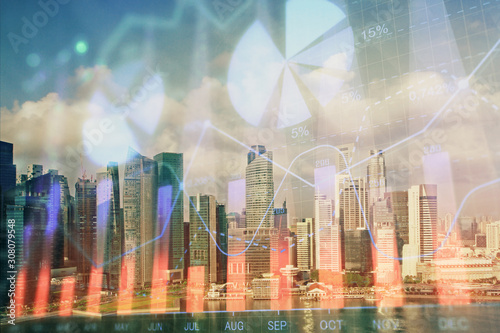 Forex chart on cityscape with skyscrapers wallpaper multi exposure. Financial research concept.