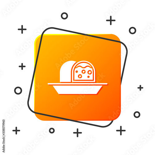 White Marzipan sponge cake icon isolated on white background. Merry Christmas and Happy New Year. Orange square button. Vector Illustration