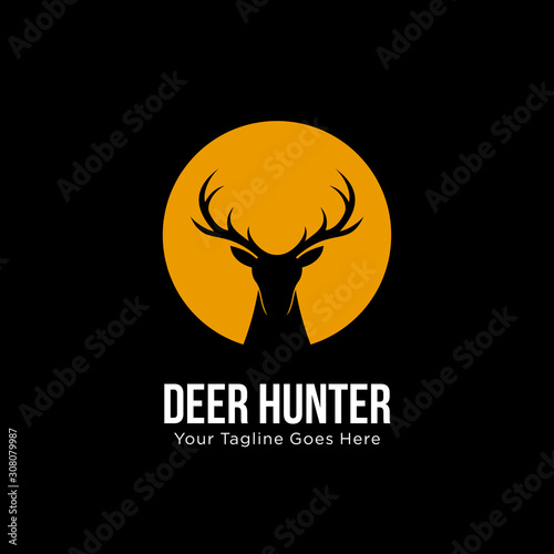 deer hunter logo design template. vector illustration of deer head silhouette on circle, night moon concept. hunter club, deer hunting, animal wildlife symbol icon