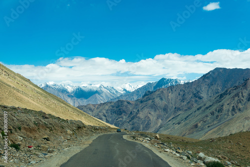 Ladakh, India - Jul 22 2019 - Beautiful scenic view from Between Leh and Nubra Valley in Ladakh, Jammu and Kashmir, India.