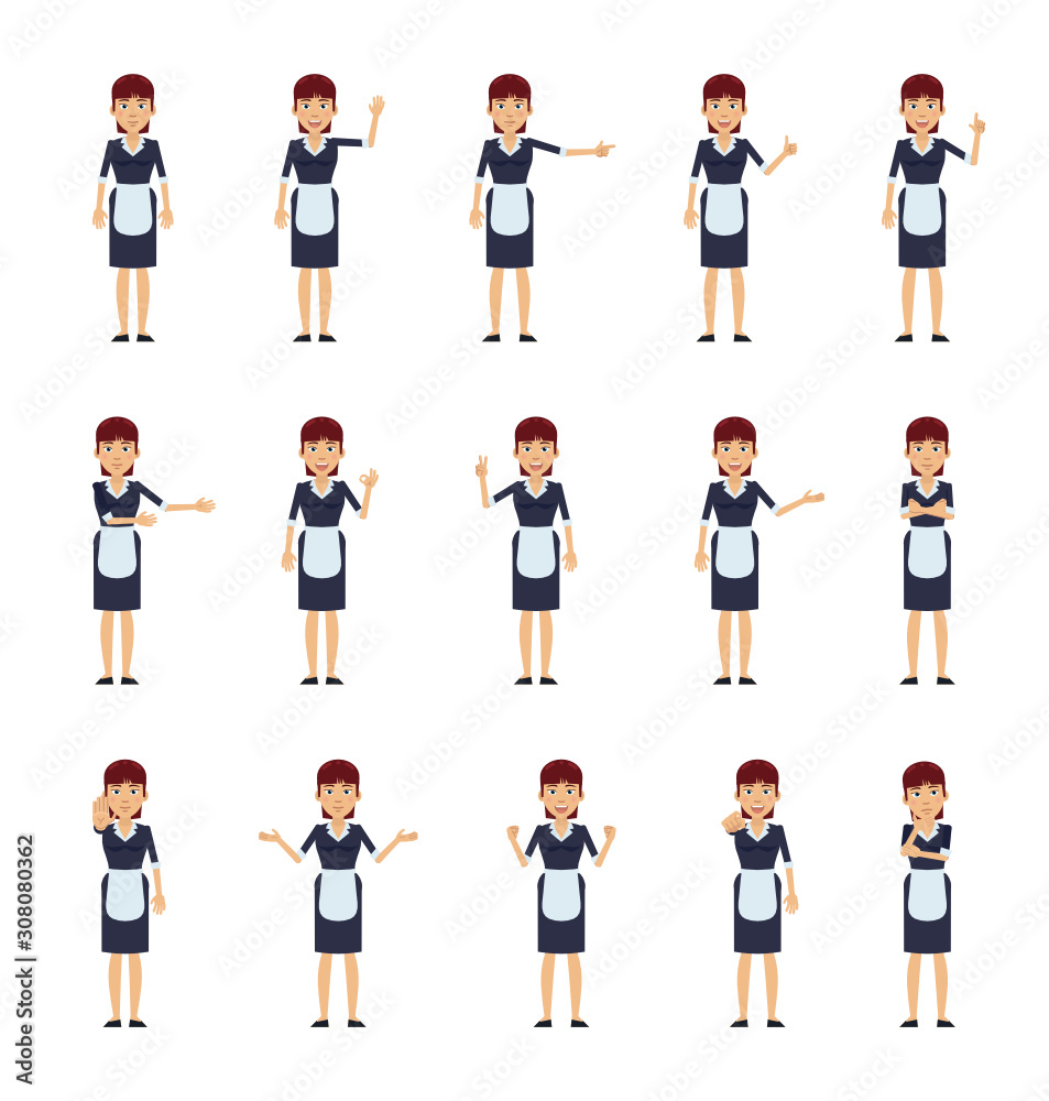 Big set of housemaid characters showing different hand gestures. Cheerful maid showing thumb up, pointing, greeting, victory, stop sign and other hand gestures. Simple vector illustration