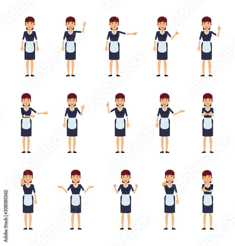 Big set of housemaid characters showing different hand gestures. Cheerful maid showing thumb up, pointing, greeting, victory, stop sign and other hand gestures. Simple vector illustration