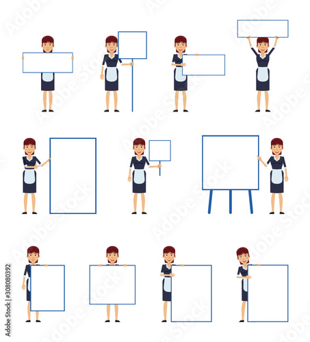 Big set of housemaid characters posing with different blank banners. Cheerful maid holding paper, poster, placard, pointing to whiteboard. Teach, advertise, promote. Simple vector illustration