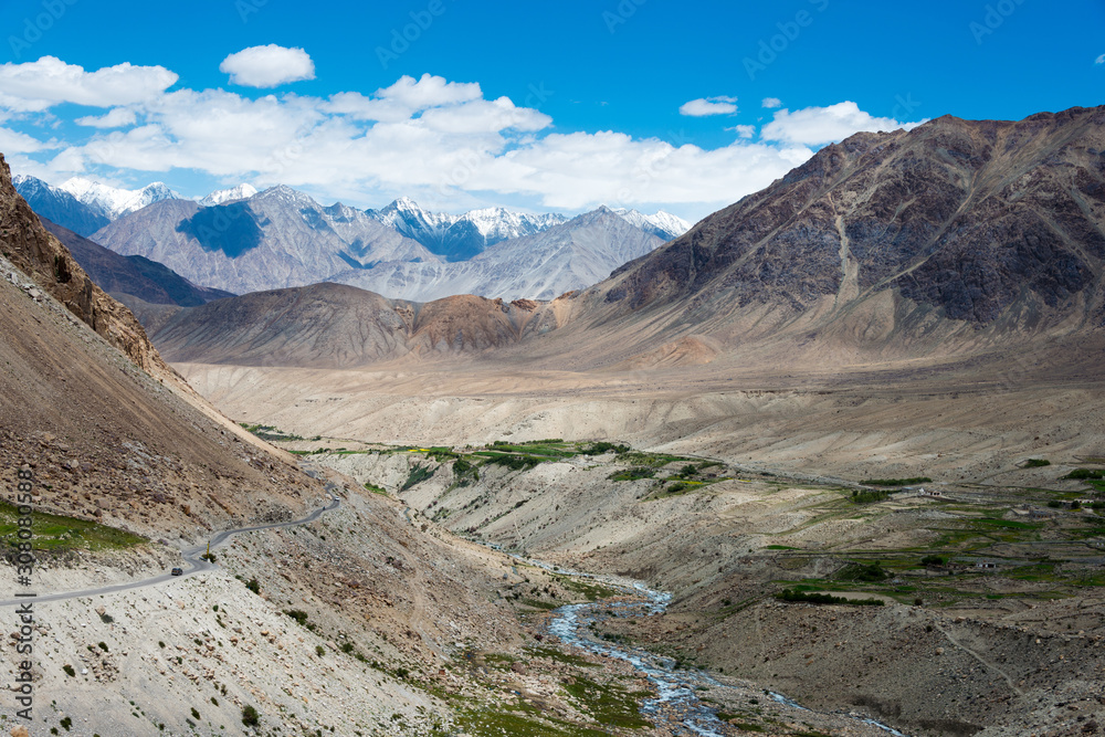 Ladakh, India - Jul 22 2019 - Beautiful scenic view from Between Leh and Nubra Valley in Ladakh, Jammu and Kashmir, India.
