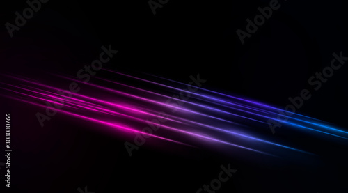 Empty background scene. Dark street, reflection of blue and pink neon light on wet pavement. Rays of light in the dark, smoke. Night view of the city. Abstract dark background. 