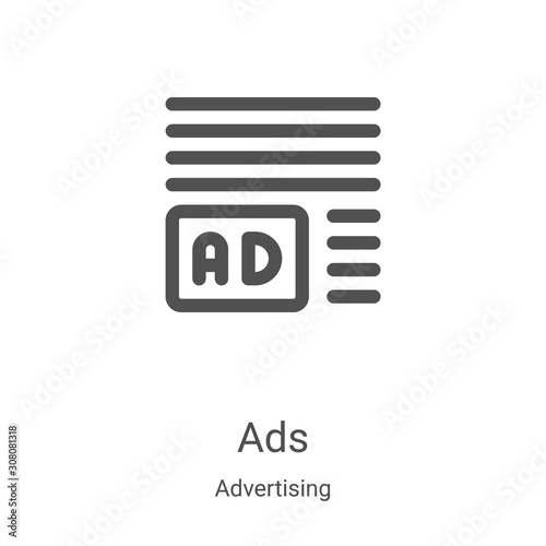 ads icon vector from advertising collection. Thin line ads outline icon vector illustration. Linear symbol for use on web and mobile apps, logo, print media