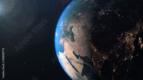 World and sun realistic 3D rendering. Shiny sunlight over Planet Earth, cosmos, atmosphere, asia, east. Shot from Space satellite © _CK_studio