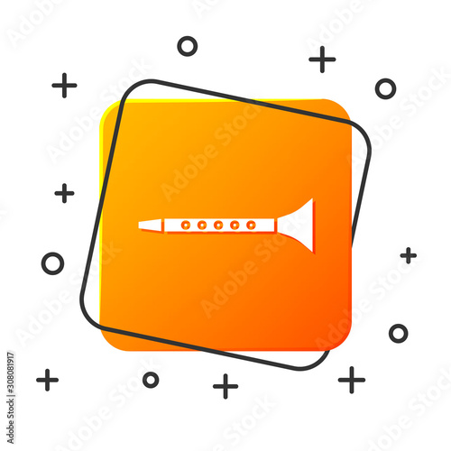 White Clarinet icon isolated on white background. Musical instrument. Orange square button. Vector Illustration
