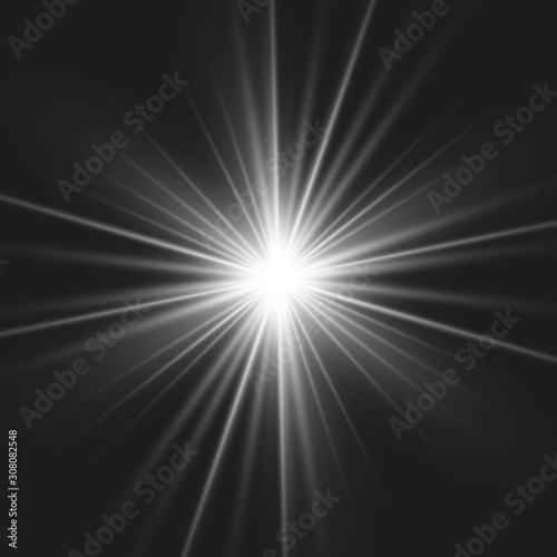  White beautiful light explodes in a transparent explosion. Vector, bright illustration for the perfect effect with sparkles. Bright Star. Transparent glitter shine gradient, bright flash.