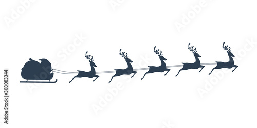Silhouette of Chibi Santa Claus riding his sleigh with five reindeer. navy blue