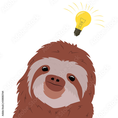 A vector image of a brown kind smiling sloth with a bulb above his head, as if he had an idea. Funny character suitable for various purposes.