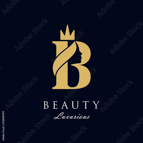 initial B luxury beauty queen woman face with crown logo design vector inspiration. consisting of a entwined B with lady face on negative space with crown.