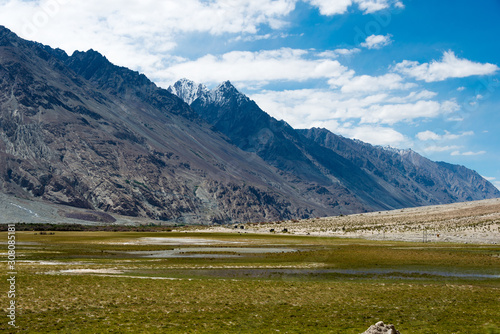 Ladakh, India - Jul 22 2019 - Beautiful scenic view from Nubra Valley in Ladakh, Jammu and Kashmir, India.