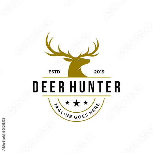 deer hunter logo, badge, emblem, label design template. vector illustration of deer head silhouette and arrow. hunter club, deer hunting symbol icon