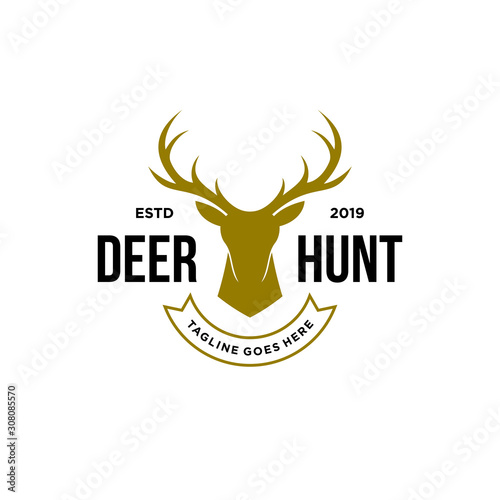 deer hunter logo, badge, emblem, label design template. vector illustration of deer head silhouette and arrow. hunter club, deer hunting symbol icon