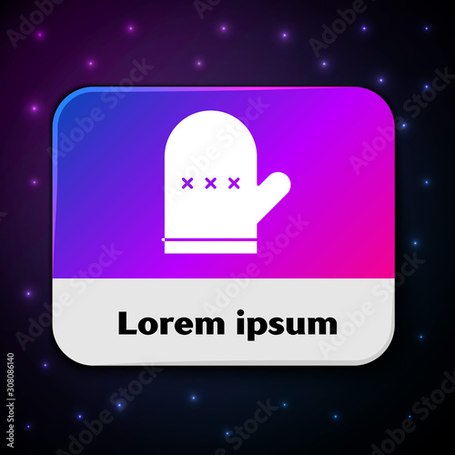 White Oven glove icon isolated on black background. Kitchen potholder sign. Cooking glove. Rectangle color button. Vector Illustration