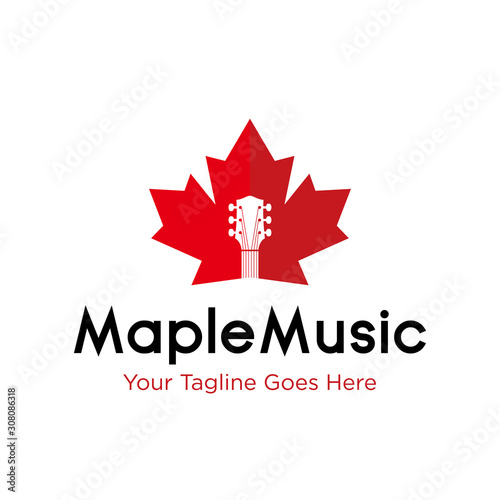 music logo design vector template illustration with red Canada maple leaf and guitar on negative space concept