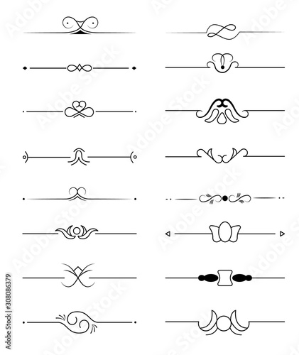 Set of ornamental filigree flourishes and thin dividers on white background