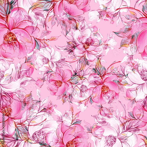  Seamless pattern of graceful roses with buds 