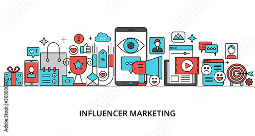 Concept of influencer marketing, modern flat thin line design
