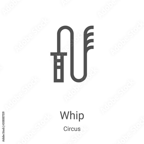 whip icon vector from circus collection. Thin line whip outline icon vector illustration. Linear symbol for use on web and mobile apps, logo, print media