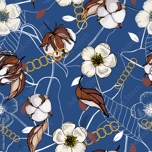 Baroque abstract pattern with cotton flowers and leaves. Vector seamless ornament, spring or summer background. Trendy hand drawn illustration with gold chain and braids decoration in tropical style.