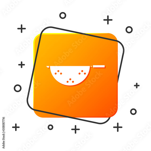 White Kitchen colander icon isolated on white background. Cooking utensil. Cutlery sign. Orange square button. Vector Illustration
