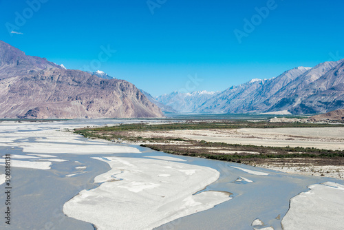 Ladakh, India - Jul 23 2019 - Beautiful scenic view from Nubra Valley in Ladakh, Jammu and Kashmir, India.