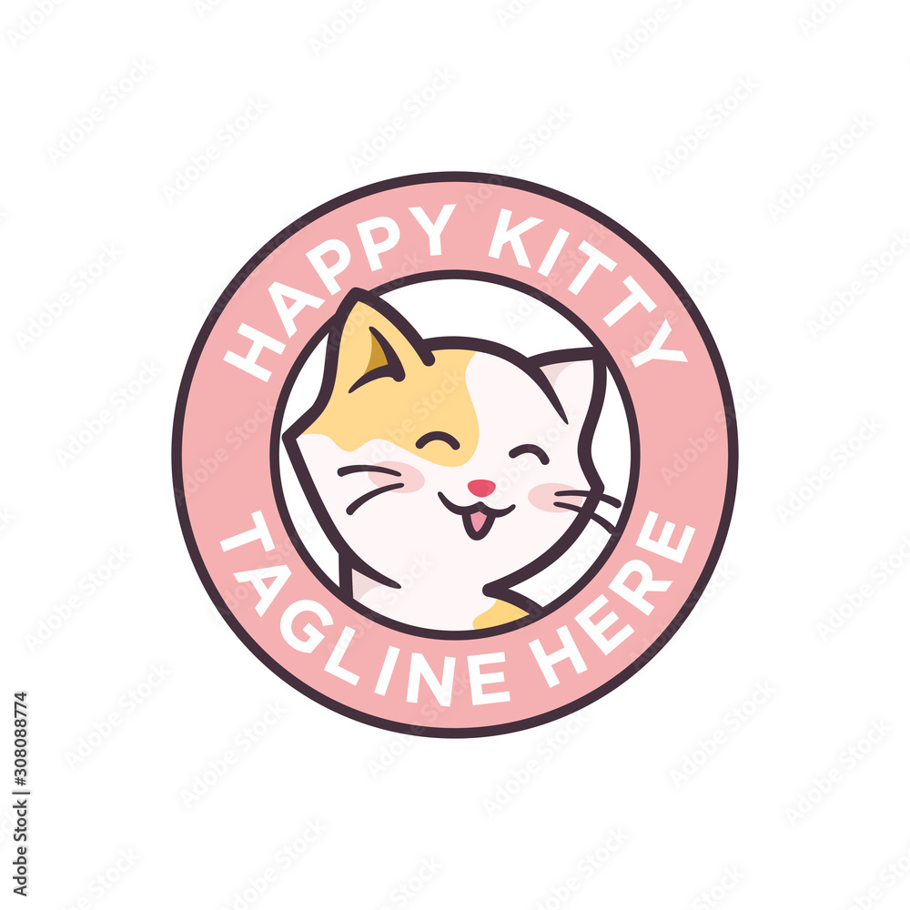 cute happy kitty cartoon character logo design illustration. adorable