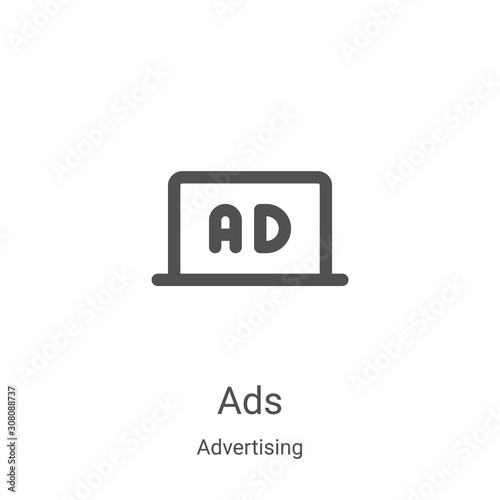 ads icon vector from advertising collection. Thin line ads outline icon vector illustration. Linear symbol for use on web and mobile apps, logo, print media