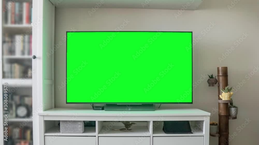 Home design, LCD led television with green screen, chroma key alpha channel. 