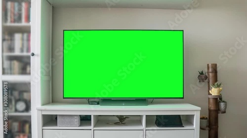 Home design, LCD led television with green screen, chroma key alpha channel. 