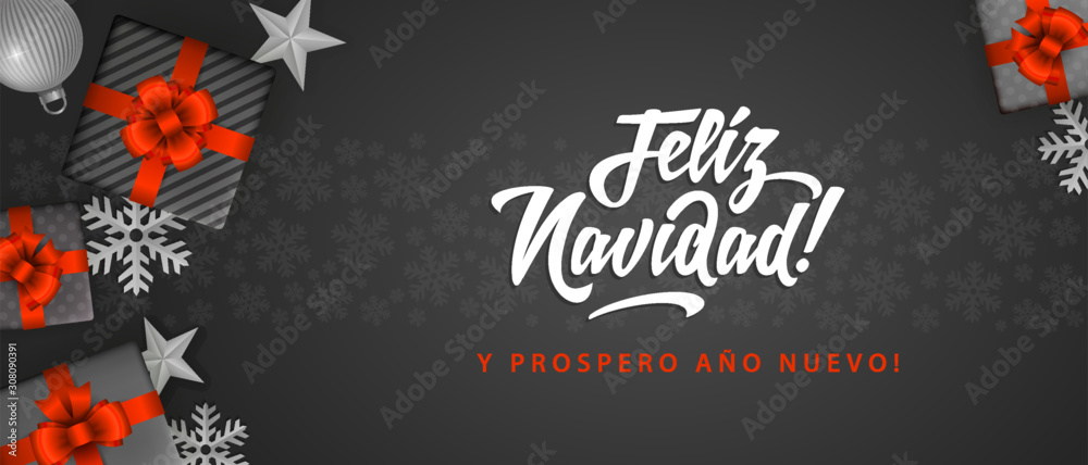 Feliz Navidad - Merry Christmas in spanish language black flat card template with red  ribbons, design elements, snowflakes, stars and calligraphy