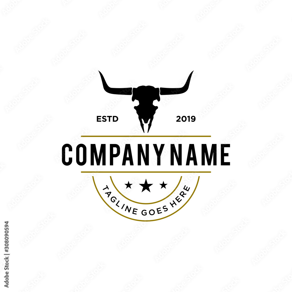 skeleton bull head, bull skull badge emblem label logo design template. vector illustration of bull, cow, buffalo, bison skull
