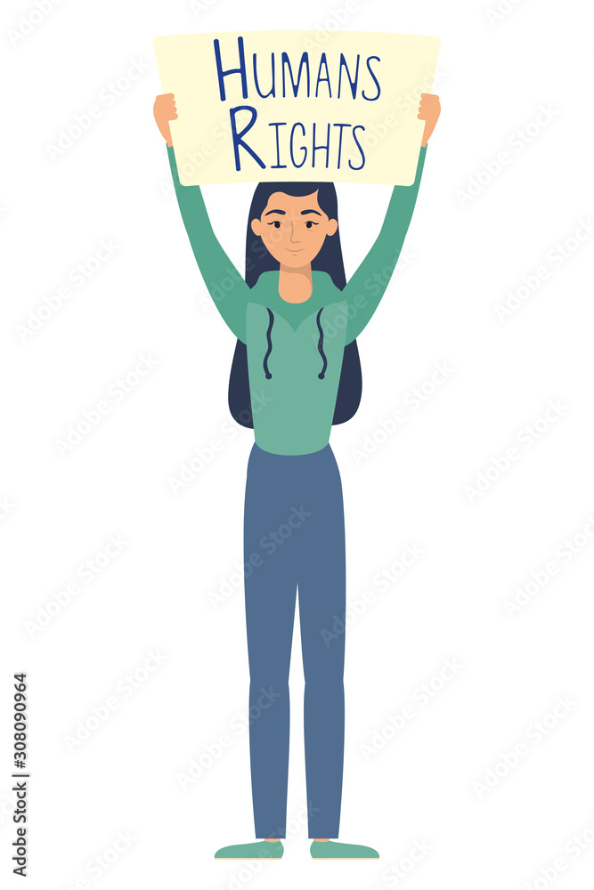 young woman with human rights label character young woman with human rights label character