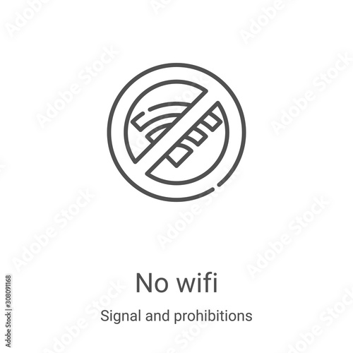 no wifi icon vector from signal and prohibitions collection. Thin line no wifi outline icon vector illustration. Linear symbol for use on web and mobile apps, logo, print media