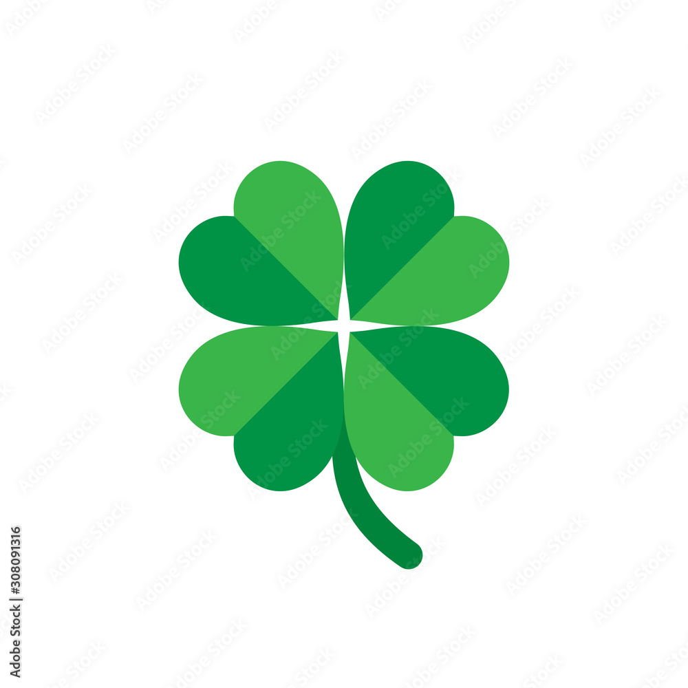 Four leaf clover icon in flat style. St Patricks Day vector illustration on white isolated background. Flower shape business concept.