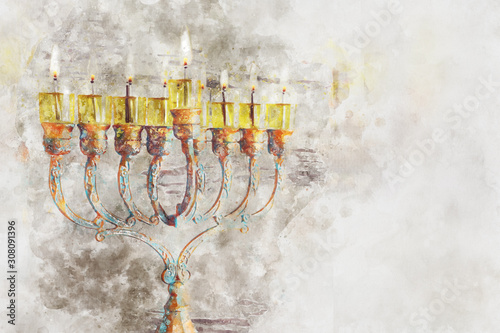 Photos watercolor style and abstract image of jewish holiday Hanukkah with menorah (tra