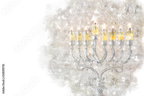 watercolor style and abstract image of jewish holiday Hanukkah with menorah (traditional candelabra) photo