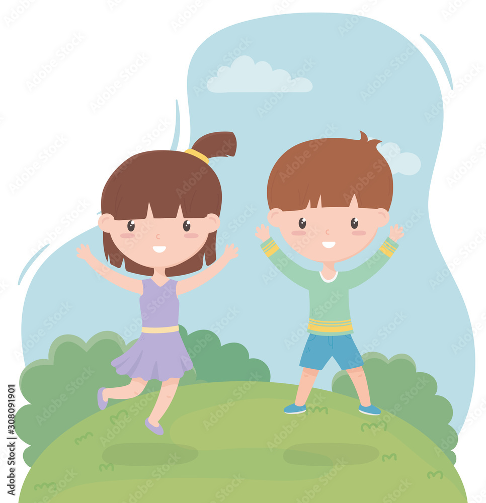 happy childrens day, funny little boy and girl in the field