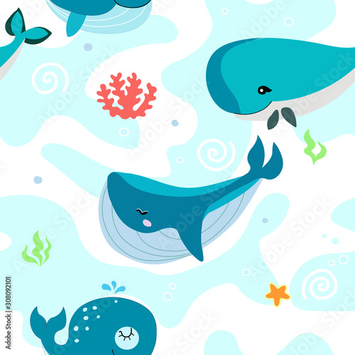 Seamless pattern with sleeping whales. Scandinavian kids texture for fabric, wrapping, textile, wallpaper. Cartoon Vector Illustration.