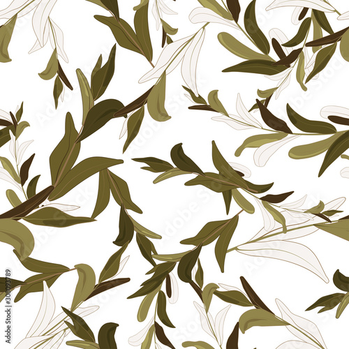 Hand drawn elements brances in natural summer seamless pattern. Art decorative organic botany environment concept. Fresh garden vector illustration. Abstract green leave or foliage  © Yuliia