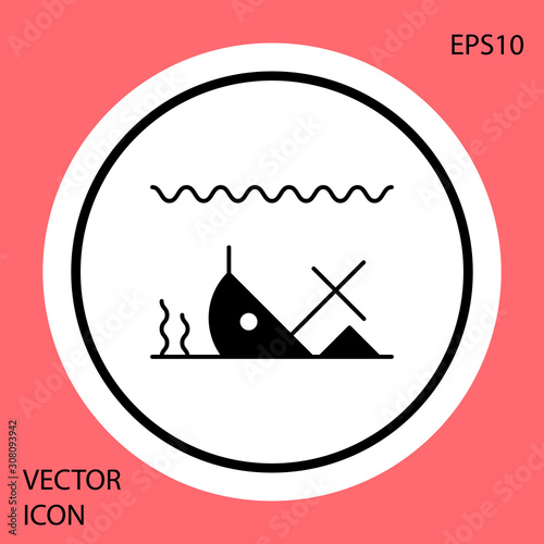 Black Sunken ship at the bottom of the sea icon isolated on red background. White circle button. Vector Illustration