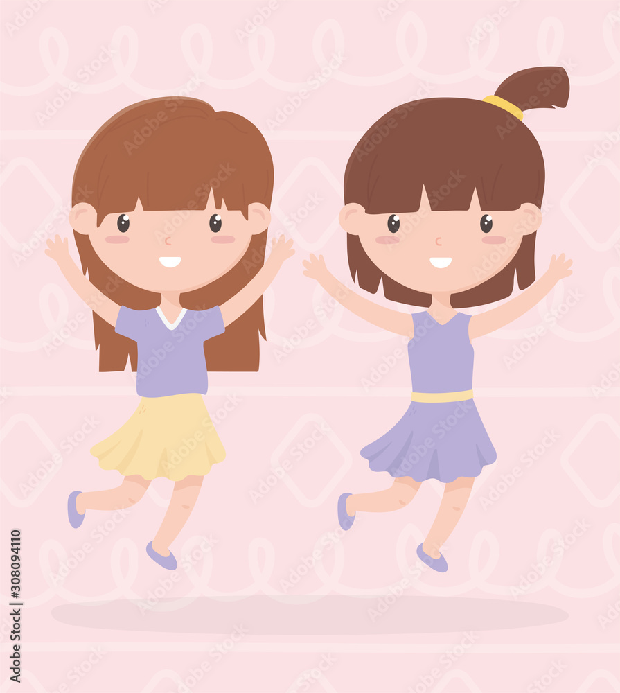 happy childrens day, two little girls with hands up celebrating cartoon
