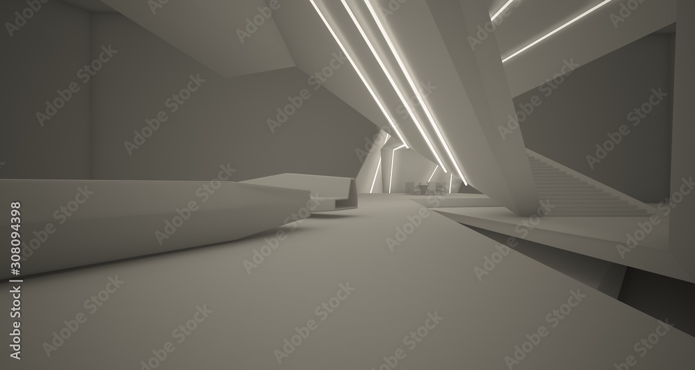 Fototapeta premium Abstract architectural white interior of a minimalist house with swimming pool and neon lighting. 3D illustration and renderin