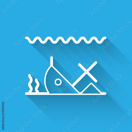 White line Sunken ship at the bottom of the sea icon isolated with long shadow.  Vector Illustration